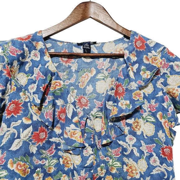 Chaps Linen Blend Button-Up Blouse Blue Floral Ruffled Collar Sz 12 Cottagecore - Picture 3 of 6